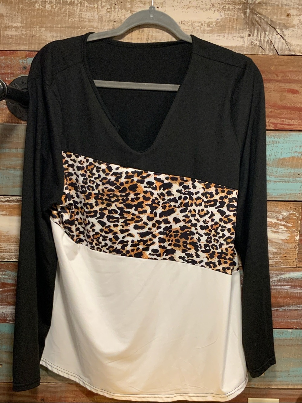 Black and White Long-Sleeve Top with Leopard Print Panel